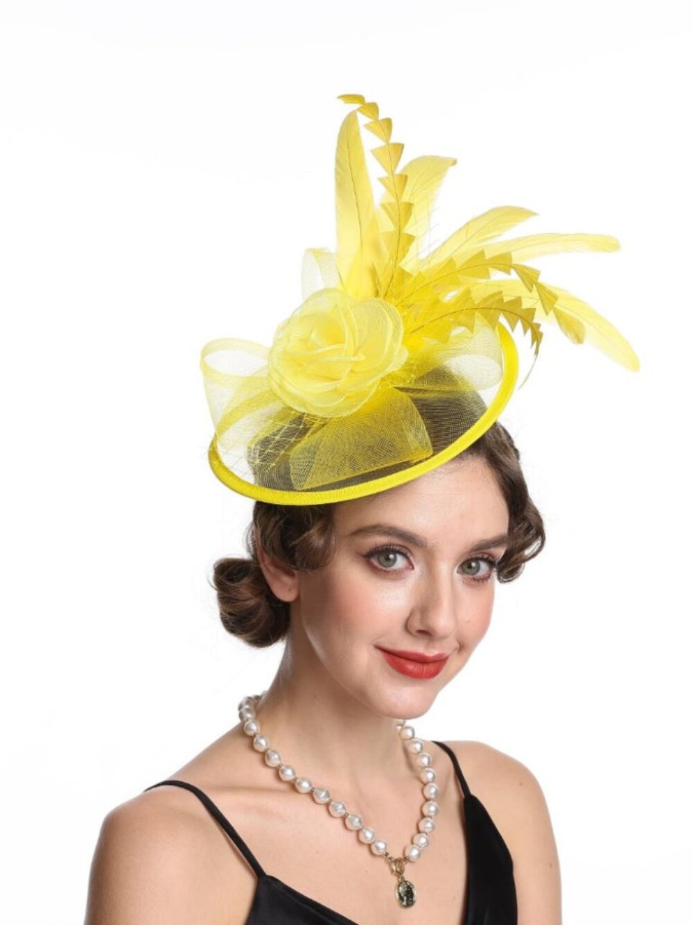 Women Fascinator Hair Clip Feather Flower Wedding Party Hat Yellow
